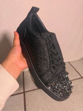 Christian Louboutin Black Glitter Spike-Toe Sneaker
